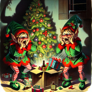 Two elves getting caught stealing Christmas presents from under...
