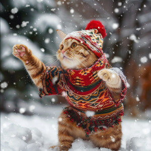 un gato vestido de samurái peleando en la nieve. ¡Espero que te...