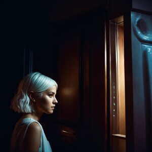 A girl with white hair knocks on the door of a house at night in...