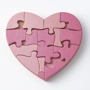A pink wooden puzzle shaped like a heart with interlocking piece...