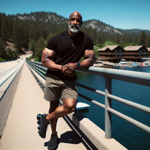 Describe an African-American man in his mid-50s with a sleek, ba...