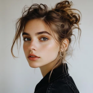 a woman, look to the camera, Messy Bun hairstyle, casual