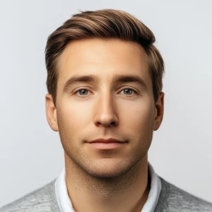 Create an image of a 28-year-old clean-shaven White American man...