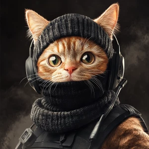 A wide-eyed ginger cat wearing a black tactical balaclava (or ma...