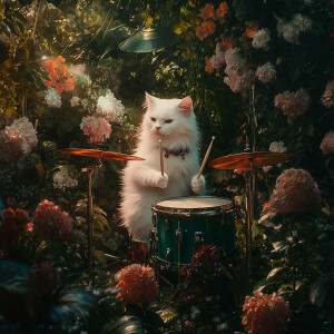 A white cat playing a drum set appropriately sized for a feline,...