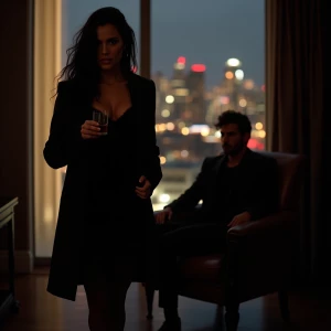 A cinematic, moody evening scene in a high-rise apartment. Dahli...