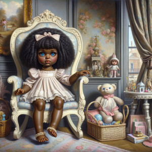An oil painting of a light-skinned African-American porcelain do...