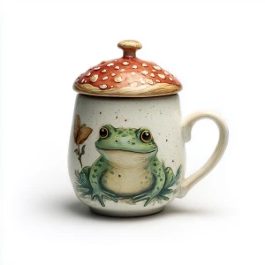 Frog mug with mushroom lid, cute animal/fungi combo, often hand-...