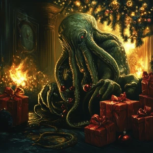 H R Giger inspired image of Cthulhu celebrating Christmas