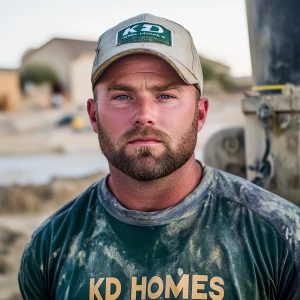 Brian Nobles a real 28 year old Caucasian male who is using  a concrete mixer, he is a  pump operator holding the hose which carries the liquid concrete to the foundation pour, Brian is slowly  beginning his transition into adult maturity , Brian Nobles is beginning to look like a grown man, he has large reflective blue eyes and a wrinkled brow,Brian is now balding , prominent large protruding round fat obese belly,,thick greying goatee beard, healthy muscle mass ,very noticeable male pattern balding hairline, Brian Nobles now has a  prominent receding and thinning male hairline (onset male pattern baldness), slightly fat overweight(Caucasian)wearing tight body conforming  glossy satin shiny green and gold tight fitting body conforming UnderArmour athletic bodysuit,emblazoned with the "KD HOMES" real estate logo, standing confidently in front of a newly completed constructed new KD HOME in Victorville California in a raw desert landscape. Brian has a protruding fat obese muscular physique, large male bulge, fat obese muscular frame , shows a substantial frame with a noticeable mature hairline and expressive eyes. His workman’s  pose should reflect his experience in his trade.