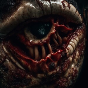 Illustrate a macabre entity featuring a malicious grin with bone...