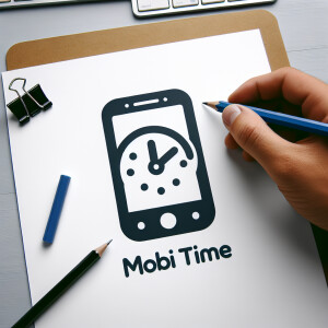 Create a realistic logo with the text "MOBI TIME" and a picture...