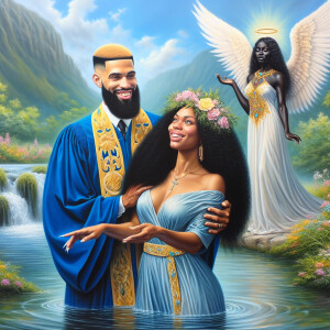 An oil painting depicting a light-skinned African-American pasto...