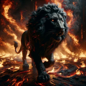 A colossal Black Lion, fur rippling with obsidian-like sheen, ve...