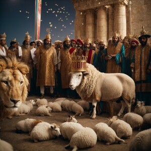 A flock of Sheep bowing down at the feet of a Royal Lion who is...