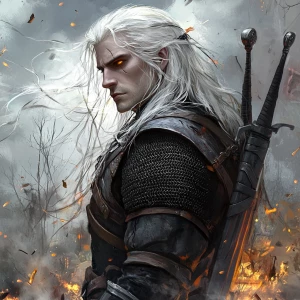 Create an image of a fantasy warrior character with long white h...