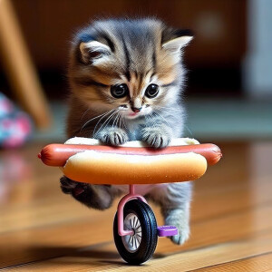 stupid kitten eats a hot dog while riding a unicycle
