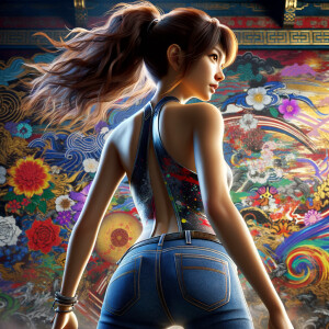 Attractive, Asian teenage girl, long brown hair and bangs, wearing tight skinny jeans and a halter top paint marks on her clothing, backside view heroic pose Asian graffiti