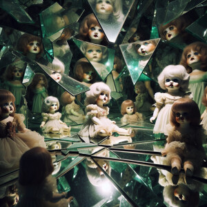 "Shattered reflections, haunted glass dolls."