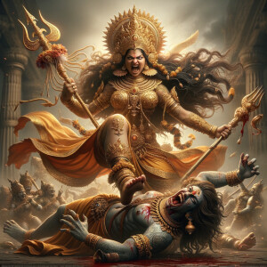 portrait of angry looking, indian goddess trampling a defeated mahishasur with her foot, while he is lying on the ground, she has a trident in her hand. She is wearing gold armor, a huge gold crown, gold saree, abundant  gold jewelry, covered in blood. The scene is set in ancient India. The image is 8K resolution, cinematic, photography, ultra detailed face and epic.