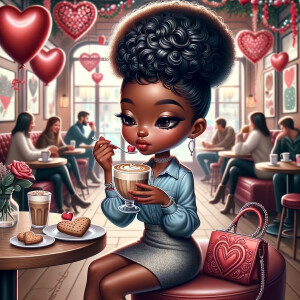 How

In this delightful digital airbrush creation, an African-American chibi lady indulges in a serene coffee pause within the cozy confines of a café, lavishly themed for Valentine's. Clad in a stylish skirt paired with a chic denim blouse, her locks are elegantly coiffed into a trendy afro puff. With sheer enjoyment, she delicately nibbles on a heart-shaped biscuit and sips her latte, artistically topped with a heart motif in its froth. The café comes alive with the buzz of friends and amorous pairs, its ambiance enriched by the festive decor of crimson balloons, intricate heart garlands, and themed menu boards celebrating Valentine's, all weaving together a tapestry of community warmth and exuberance.