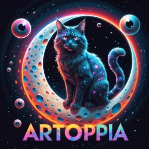 A surreal, ultra-detailed digital painting of a mysterious cat w...