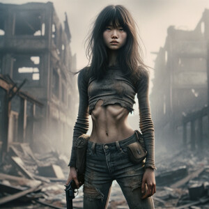 Skinny and thin Asian teen girl wearing skin tight jeans that are worn and frayed, long hair and bangs heroic ready to fight stance