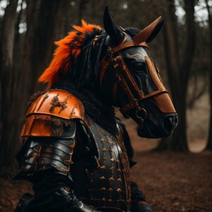 a knight in black and orange armor, a mohawk ornament on his hel...