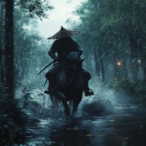 Create a realistic image of a straw hat swordsman riding a horse through a rainy forest with a third-person view and soft dusky light. Cinematic style. High definitions.