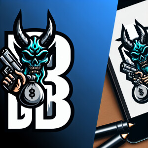 Headshot of a demon wearing a mask, gripping a handgun in one ha...