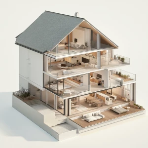 A detailed specification sheet for a 3D house