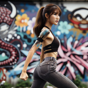 Very thin Athletic Thin skinny Attractive, Asian teenage girl, long brown hair and bangs, wearing tight skinny jeans and a halter top paint marks on her clothing, sitting side view heroic pose Asian graffiti