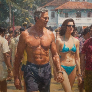 Photo hyperrealism, painting,a muscular beefy kerela son in law...