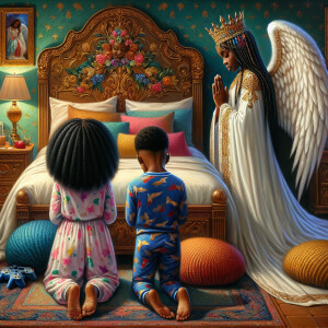 An oil painting of two African-American children with dark skin,...