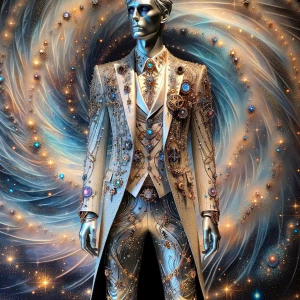 In a dazzling tableau, a chrononaut adorned in shimmering silver...