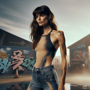 Athletic Thin skinny Attractive, Asian teenage girl, long brown hair and bangs, wearing tight skinny jeans and a halter top paint marks on her clothing, heroic pose Asian graffiti background, side view