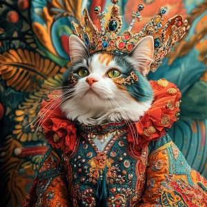 A cat in a colorful outfit who is a queen. She looks ostentatiou...