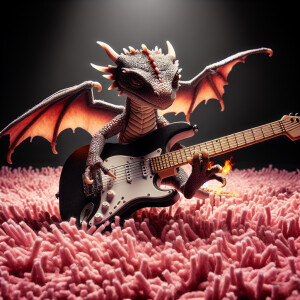 A baby dragon playing the electric guitar on a pink shag carpet.