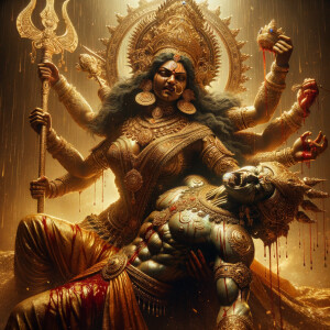 portrait of angry looking goddess durga sitting on a gold crown and carrying a weak mahishasur on her lap and stabbing him with her amazingly designed trident. She is wearing gold armor, a huge gold crown, gold saree, abundant  gold jewelry, covered in blood. The scene is set in ancient India. The image is 8K resolution, cinematic, ultra detailed face and epic.