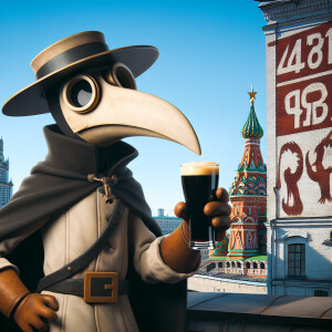 A plague doctor in the Fallout world, standing against the backd...