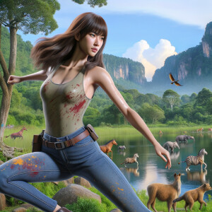 Athletic Thin skinny Attractive, Asian teenage girl, long brown hair and bangs, wearing tight skinny jeans and a halter top paint marks on her clothing, heroic pose Asian graffiti background, side view