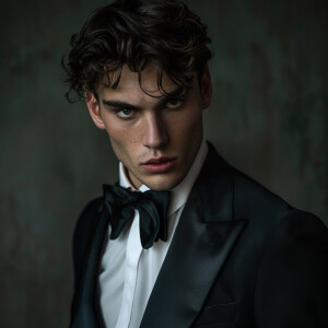 Capture a striking image of a dark-haired Italian male model wea...