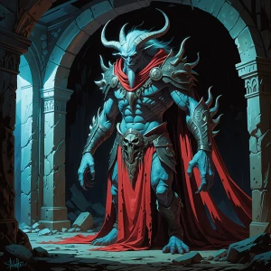 In the dimly lit tomb, a strikingly regal draugr, once powerful...
