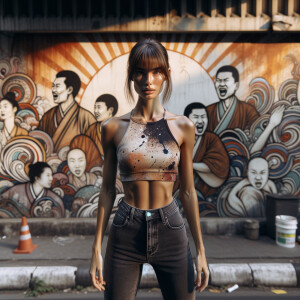 Athletic Thin skinny Attractive, Asian teenage girl, long brown hair and bangs, wearing tight skinny jeans and a halter top paint marks on her clothing, heroic pose Asian graffiti background,  backside view