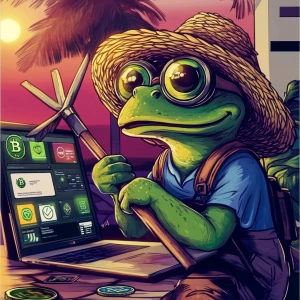 Pepe the Frog wearing a straw hat and holding a pitchfork, sitti...