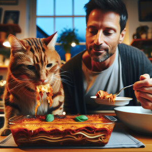 A tabby cat that eats lasagna and has a owner named John