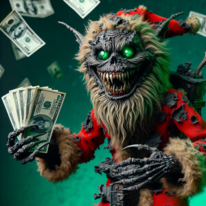 impeccably detailed macabre grinch wearing a tattered santa suit...