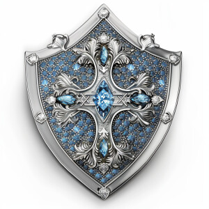 Design a sterling silver shield of faith featuring a prominent c...