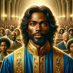 Illustrate an inspiring African-American Jesus crust with a dign...