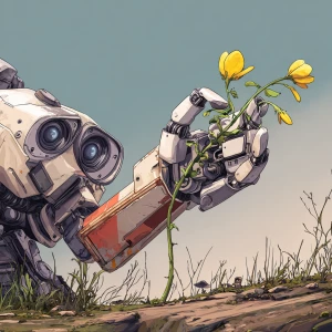 Wall-E robot's hand (arm) touches a flower with a green stem and...